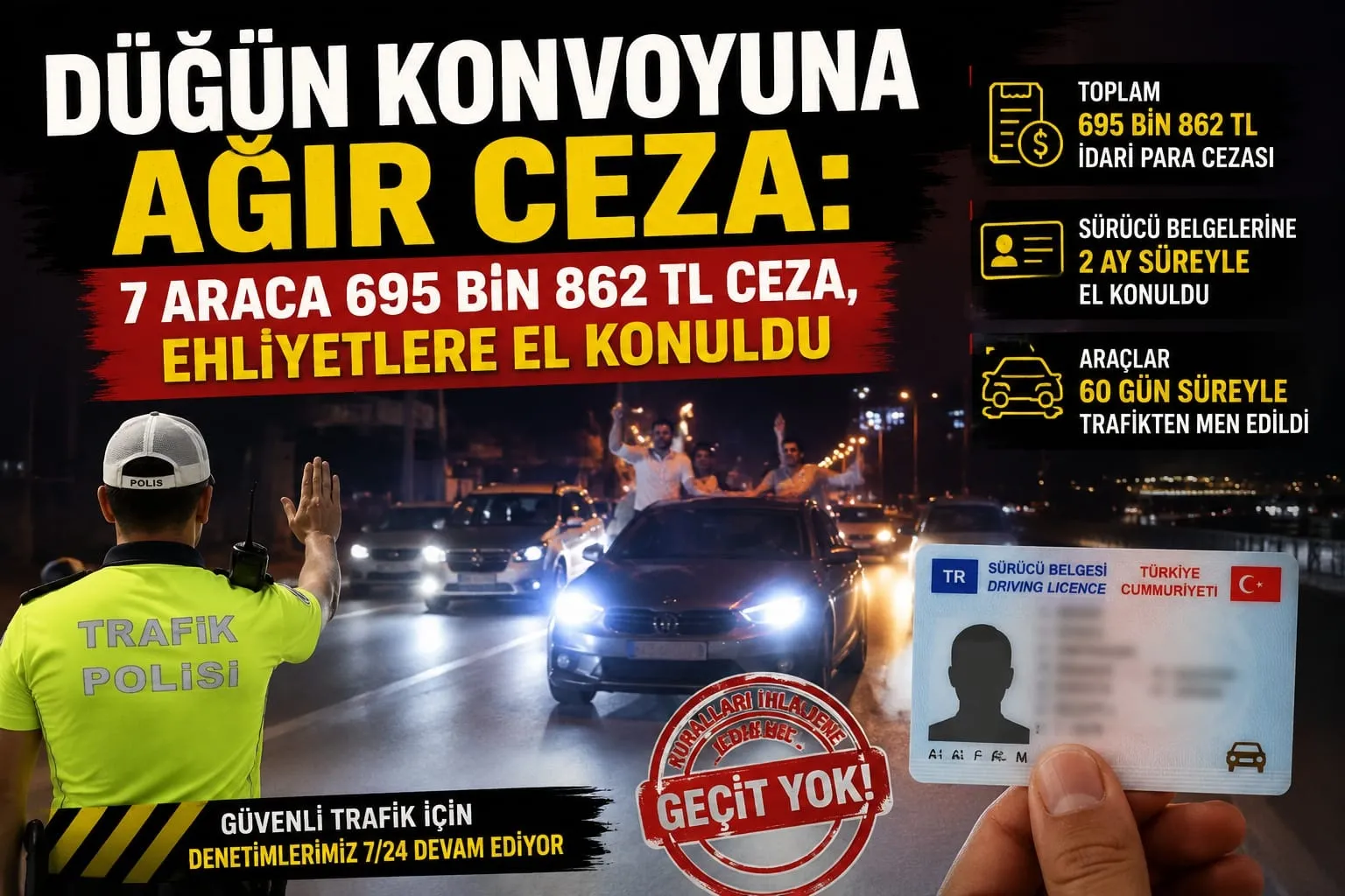 DÜĞÜN KONVOYUNA AĞIR CEZA: 7 ARACA 695 BİN 862 TL CEZA, EHLİYETLERE EL KONULDU