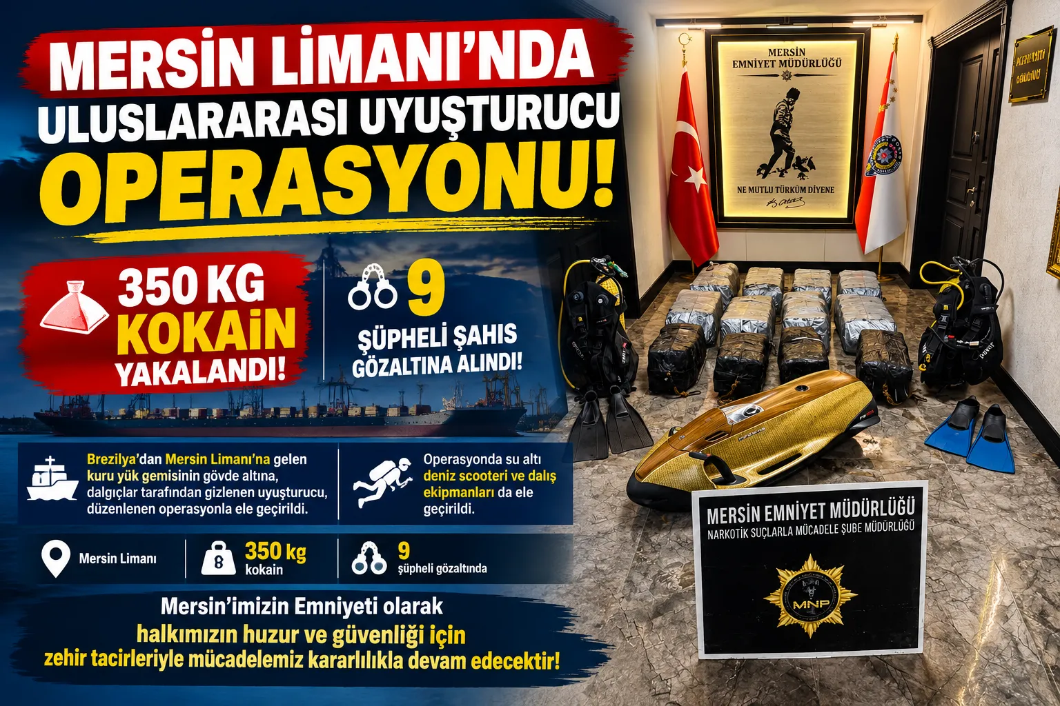 MERSİN LİMANI’NDA ULUSLARARASI UYUŞTURUCU OPERASYONU: 350 KİLOGRAM KOKAİN ELE GEÇİRİLDİ