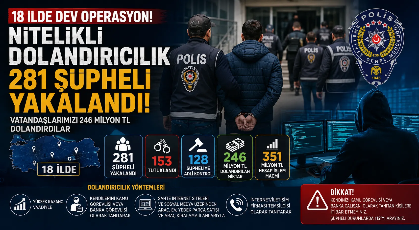 18 İLDE NİTELİKLİ DOLANDIRICILIK OPERASYONU: 281 ŞÜPHELİ YAKALANDI