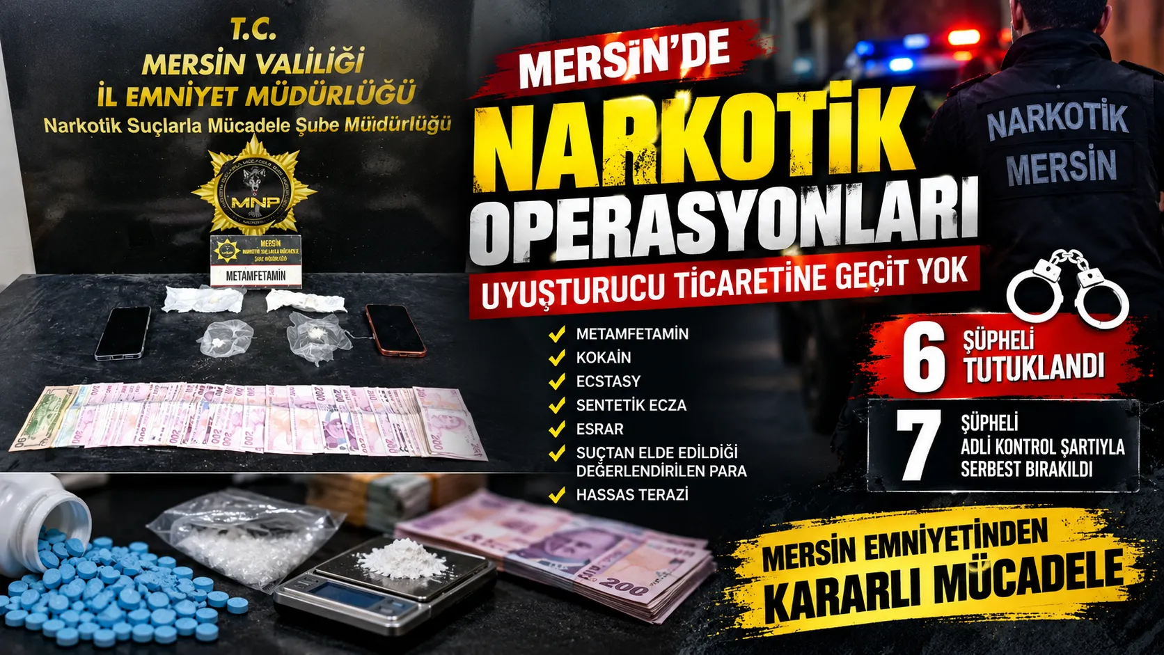 MERSİN’DE UYUŞTeURUCU VE YÜKLÜ MİKTARDA SENTETİK ECZA ELE GEÇİRİLDİ5 ŞÜPHELİ TUTUKLANDI